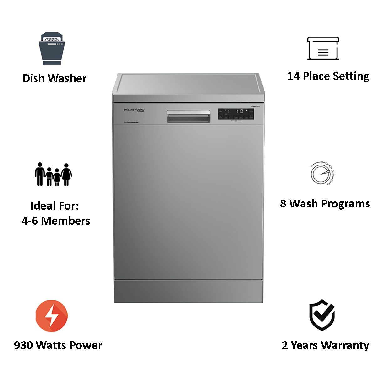 Buy Voltas Beko 14 Place Setting Full Size Dishwasher (Aquaintense, DF14S2, Silver) Online Croma